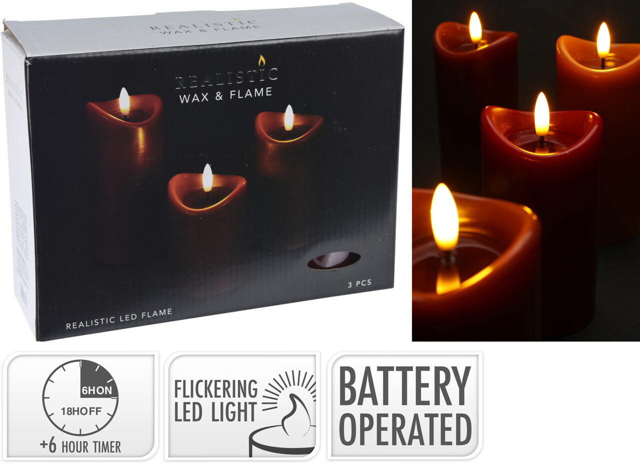 Set 3 lumanari LED cu efect de flacara, Excellent Houseware, 10 cm / 12.5 cm / 15 cm, ceara, rosu inchis - imagine 7